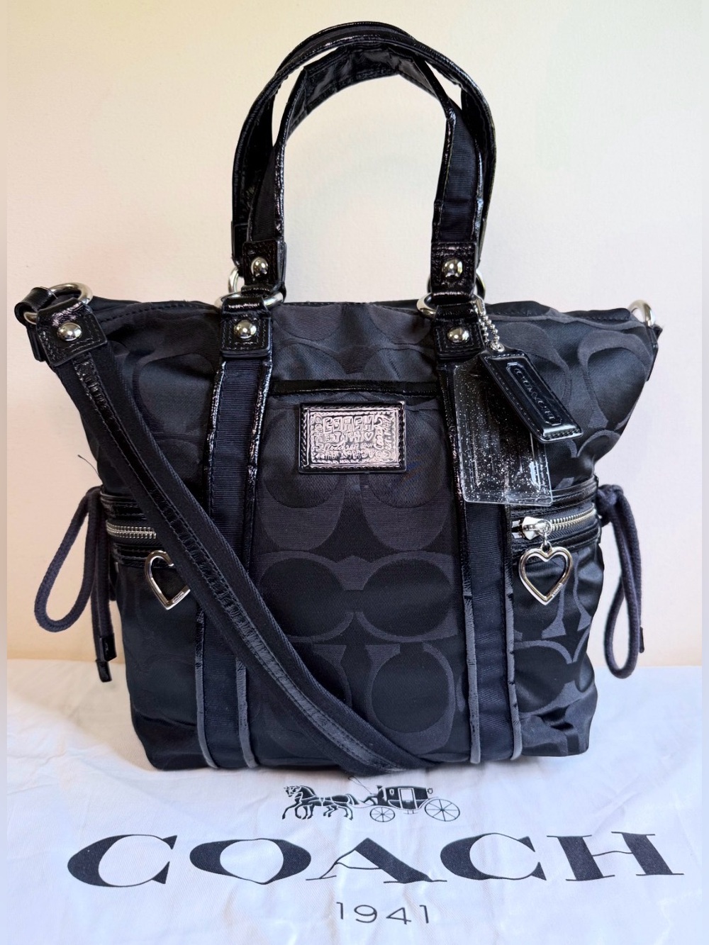 Coach Poppy Signature Satchel Black w/ Silver Hearts – Orig Hangtags + Dust Bag